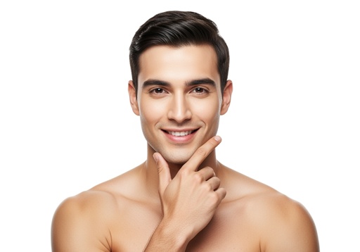 Man with clear glowing skin touching her face, posing against a white background
