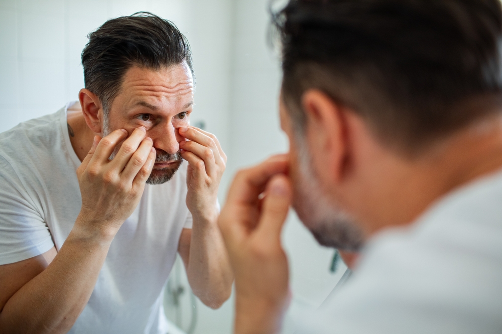 Middle aged man looking at his under eye area in the mirror